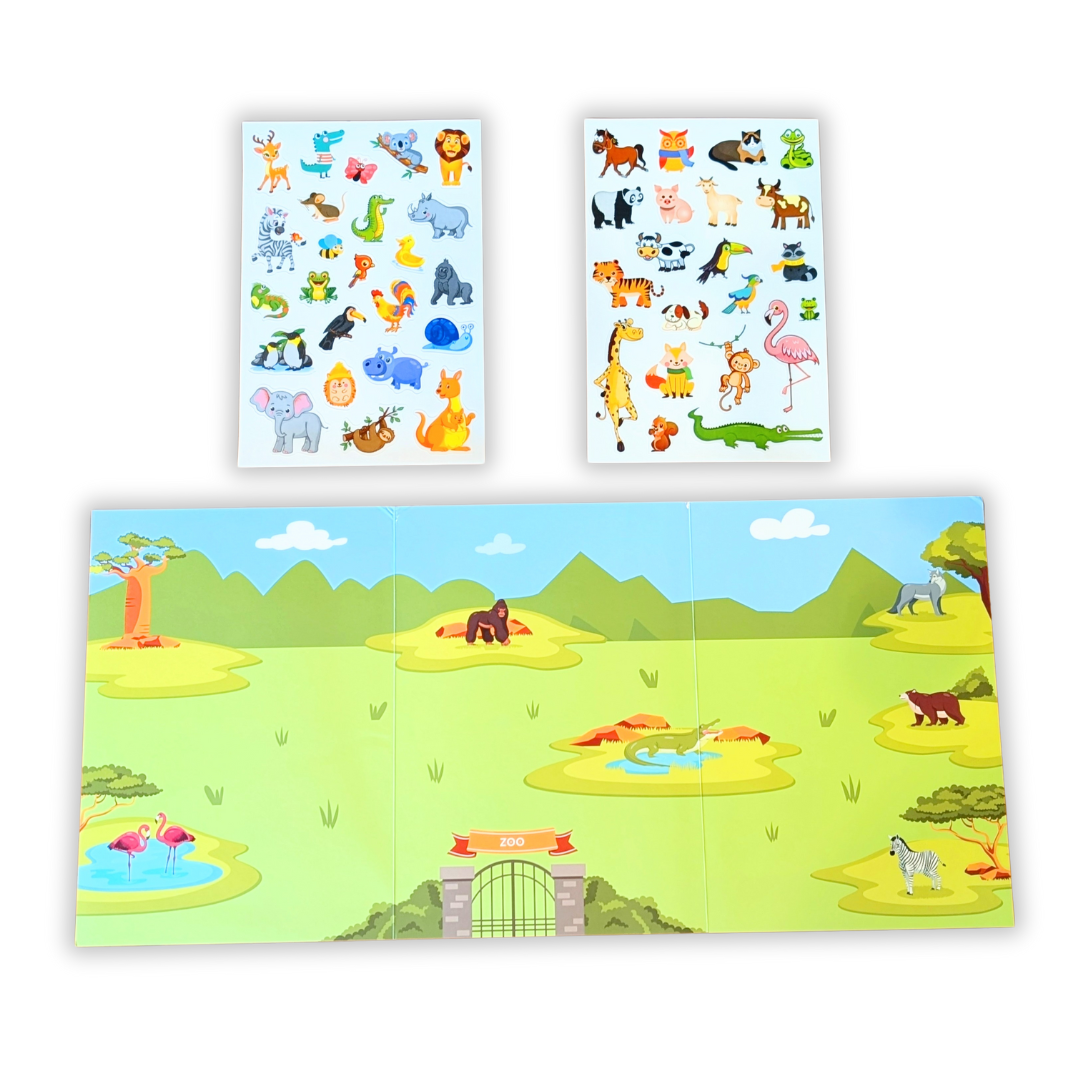 Set of animal stickers and a colorful play mat with animal illustrations on a white background