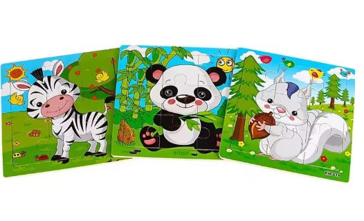 Three jigsaw puzzles each depicting a different animal: a zebra, a panda, and a squirrel, each with a background of a lush greenery.