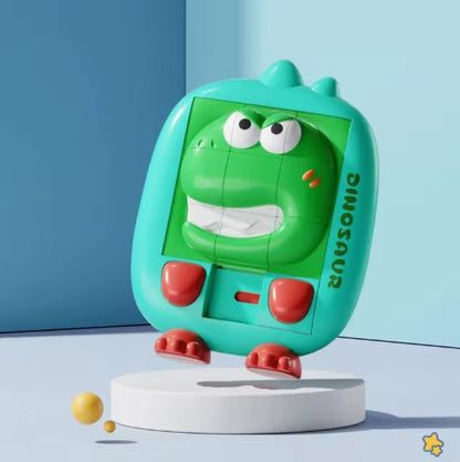 A colorful 3D dinosaur puzzle slide toy with a smiling green crocodile design, featuring a ball for sliding and interactive tactile elements.