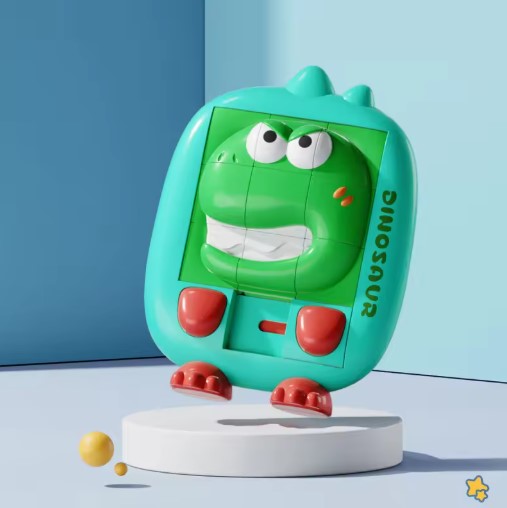 A colorful 3D dinosaur puzzle slide toy with a smiling green crocodile design, featuring a ball for sliding and interactive tactile elements.