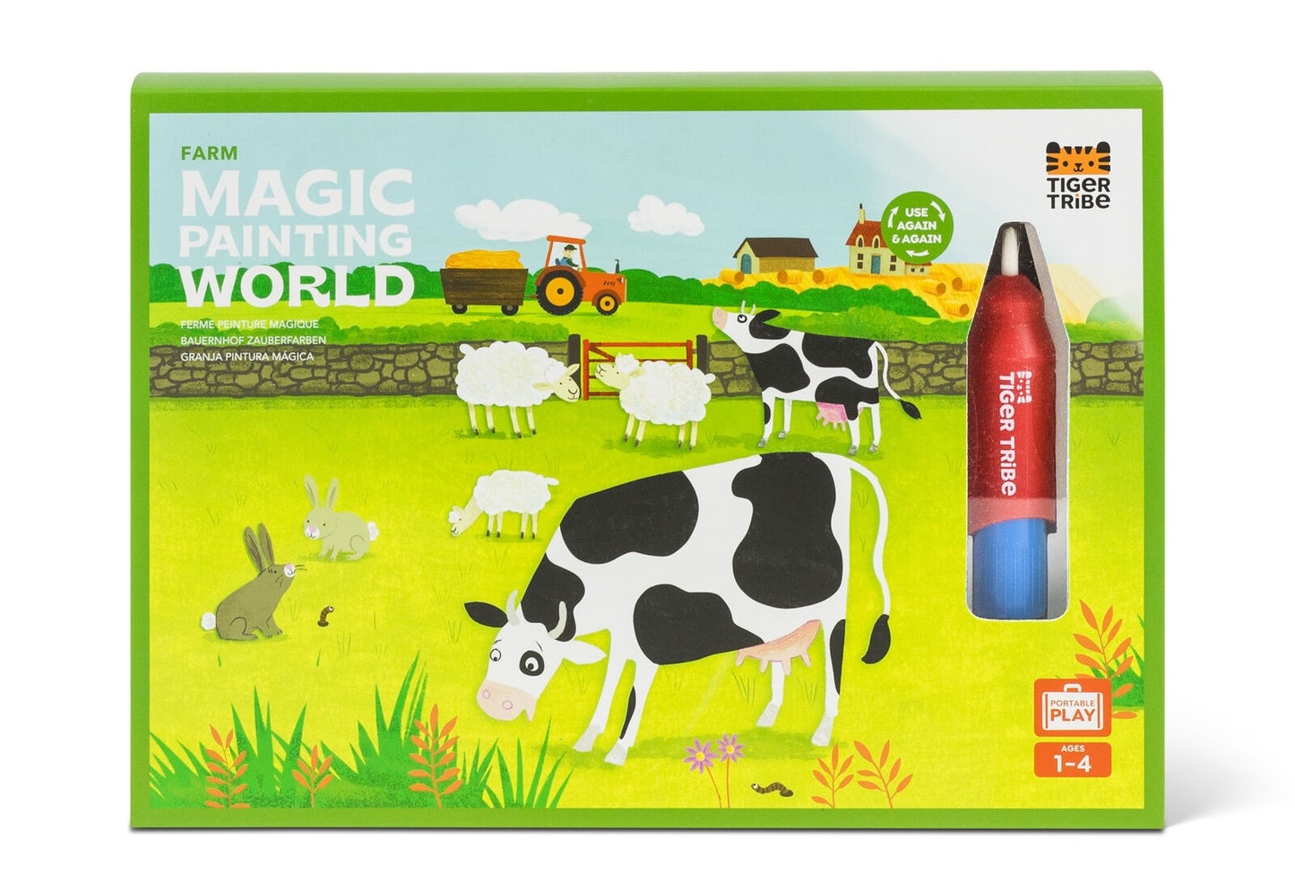 A packaged magic painting world farm set with a water brush, featuring illustration boards of farm animals and a tractor on a green background, and a product label indicating mess-free painting.