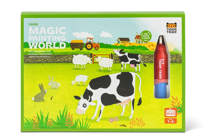 A packaged magic painting world farm set with a water brush, featuring illustration boards of farm animals and a tractor on a green background, and a product label indicating mess-free painting.