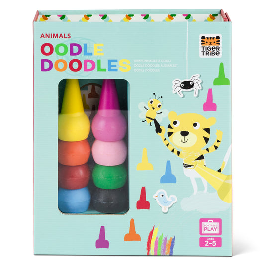 A box of Oodle Doodles Animals crayons and stickers set, with colorful crayons visible through a window on the box, and illustrations of animals such as a giraffe and a lion on the front.