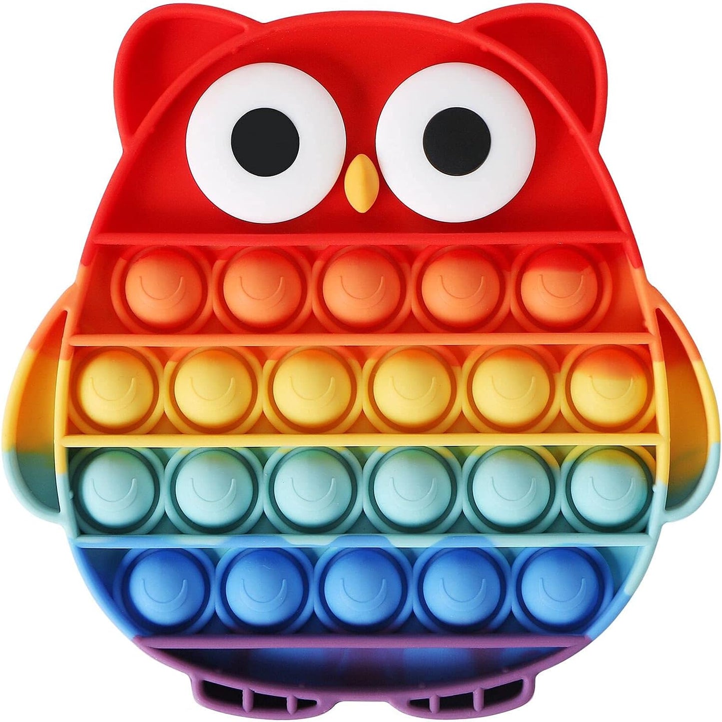 Colorful owl-shaped pop-it fidget toy on a white background