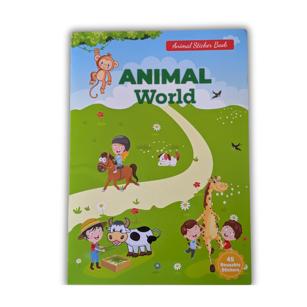 Children's sticker book titled 'Animal World' with cartoon illustrations on a white background