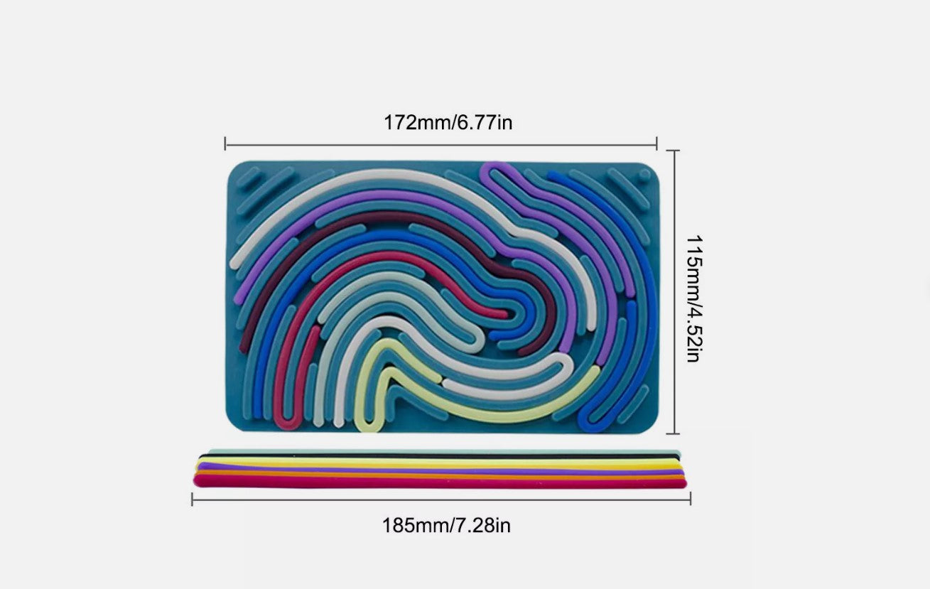 Colorful wavy-patterned sensory mat with dimensions on a white background
