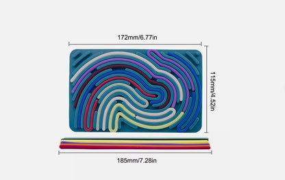 Colorful wavy-patterned sensory mat with dimensions on a white background